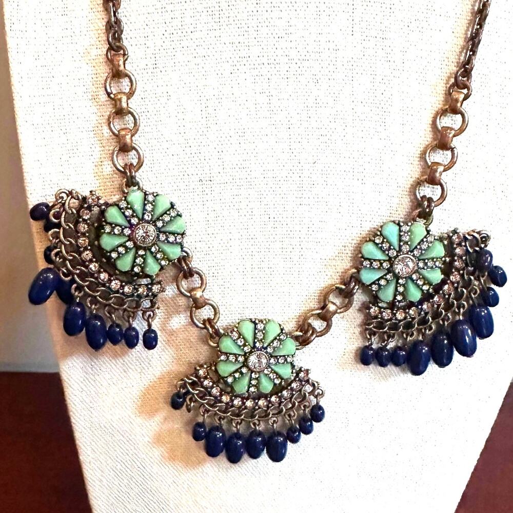 J Crew Necklace Chunky Statement Green Gold Flower 32.5" Long Blue Beads